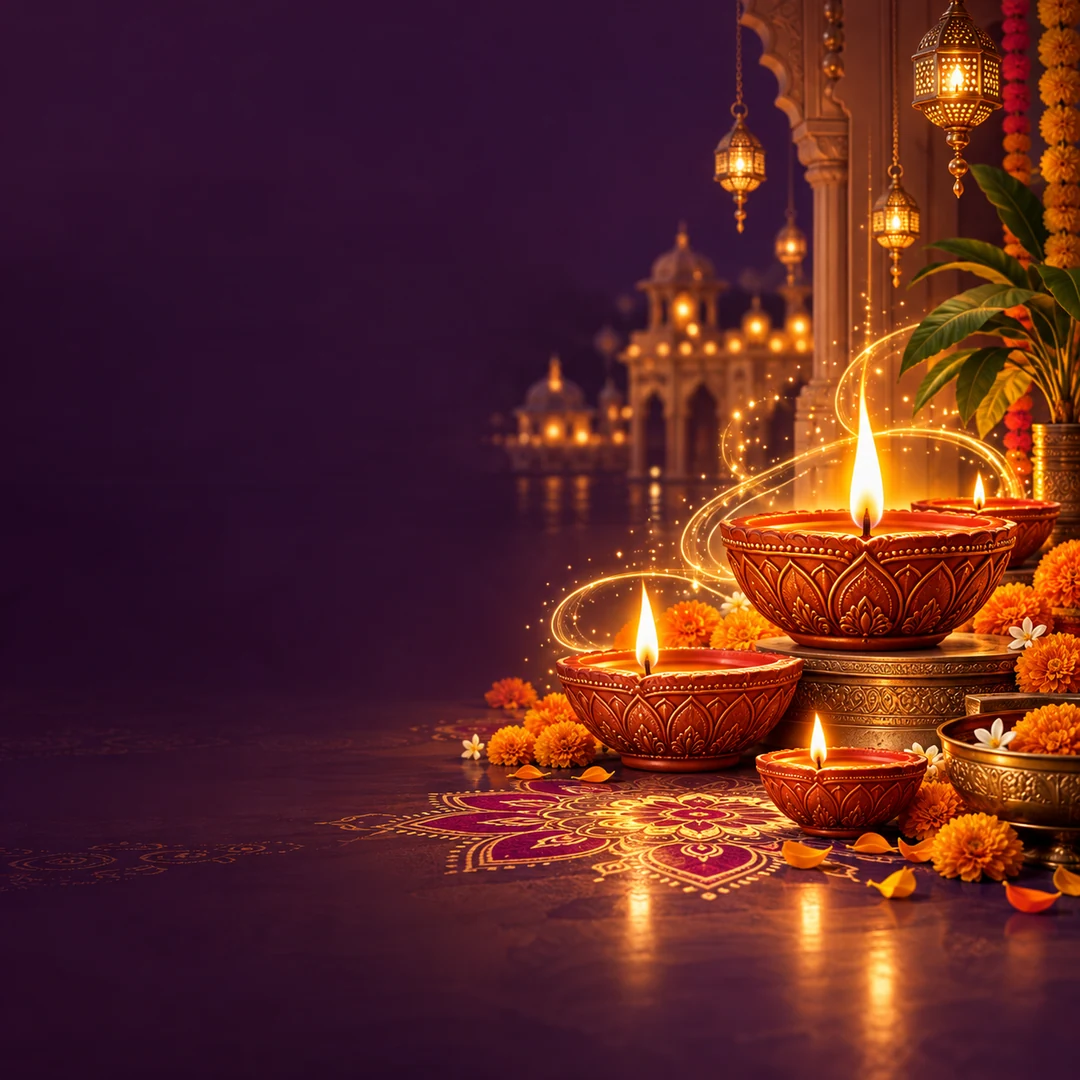 Diwali illustration with detailed diyas and a festive gold background