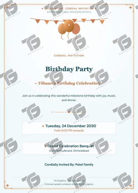 Birthday Party Gujarati sample invitation with fictional details