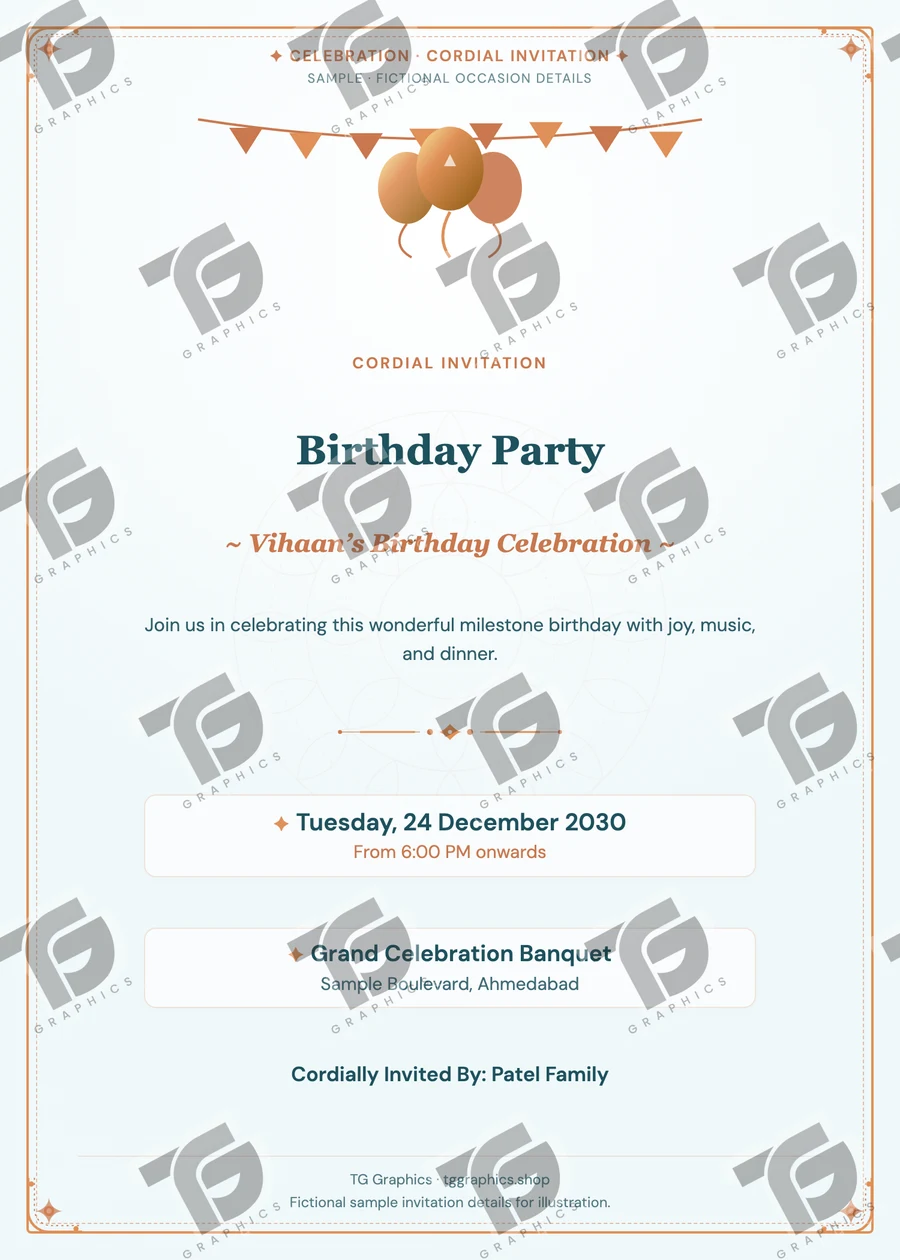Birthday Party Gujarati sample invitation with fictional details