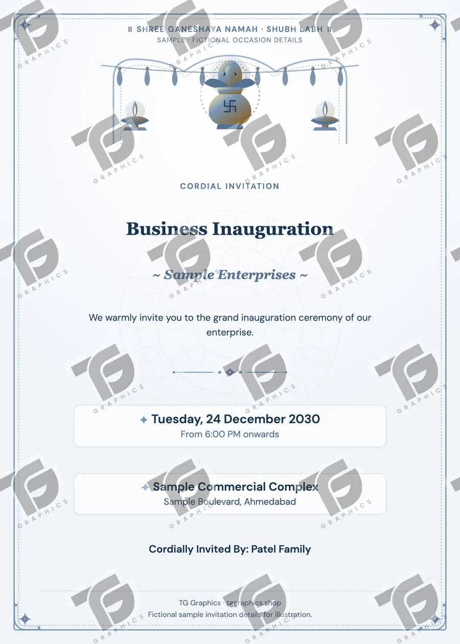 Business Inauguration Gujarati sample invitation with fictional details