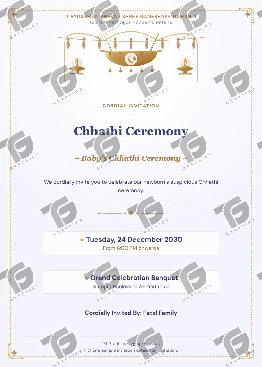 Chhathi Ceremony Gujarati sample invitation with fictional details