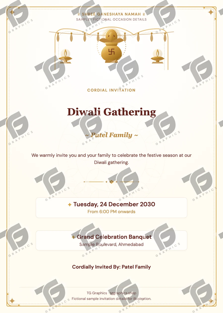 Diwali Gathering Gujarati sample invitation with fictional details