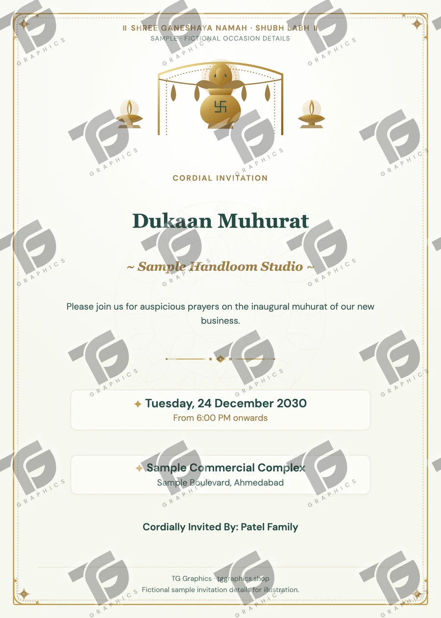 Dukaan Muhurat Gujarati sample invitation with fictional details
