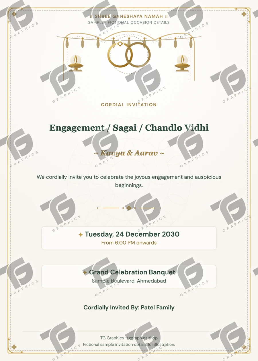 Engagement / Sagai / Chandlo Vidhi Gujarati sample invitation with fictional details