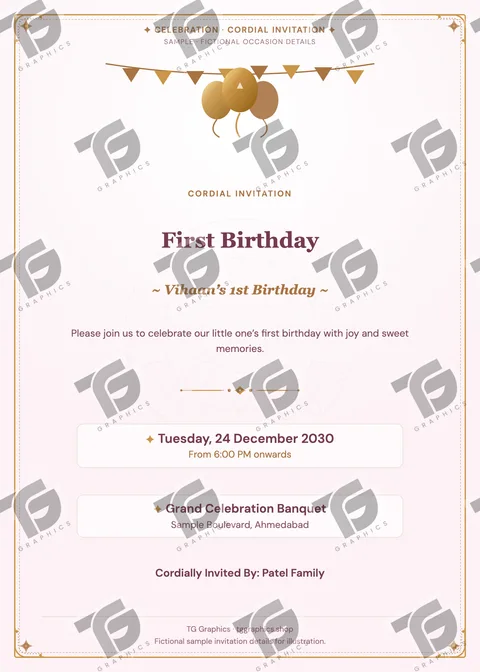First Birthday Gujarati sample invitation with fictional details