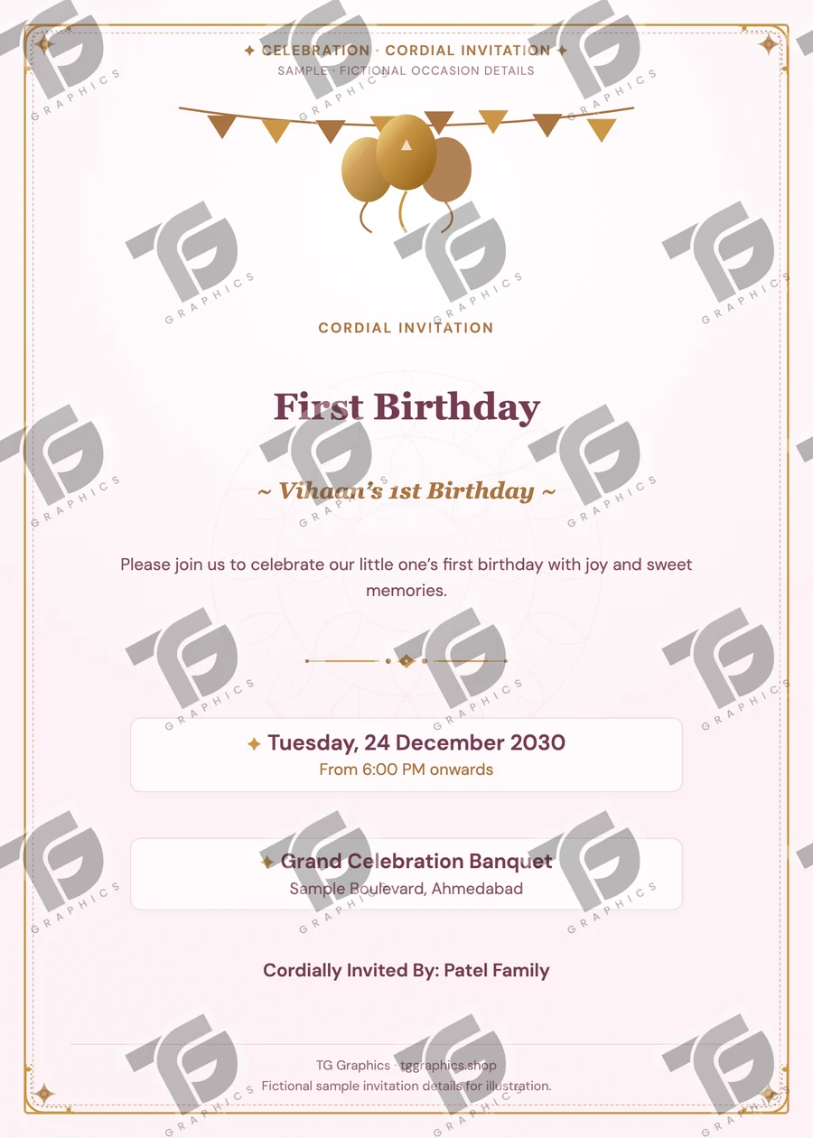 First Birthday Gujarati sample invitation with fictional details
