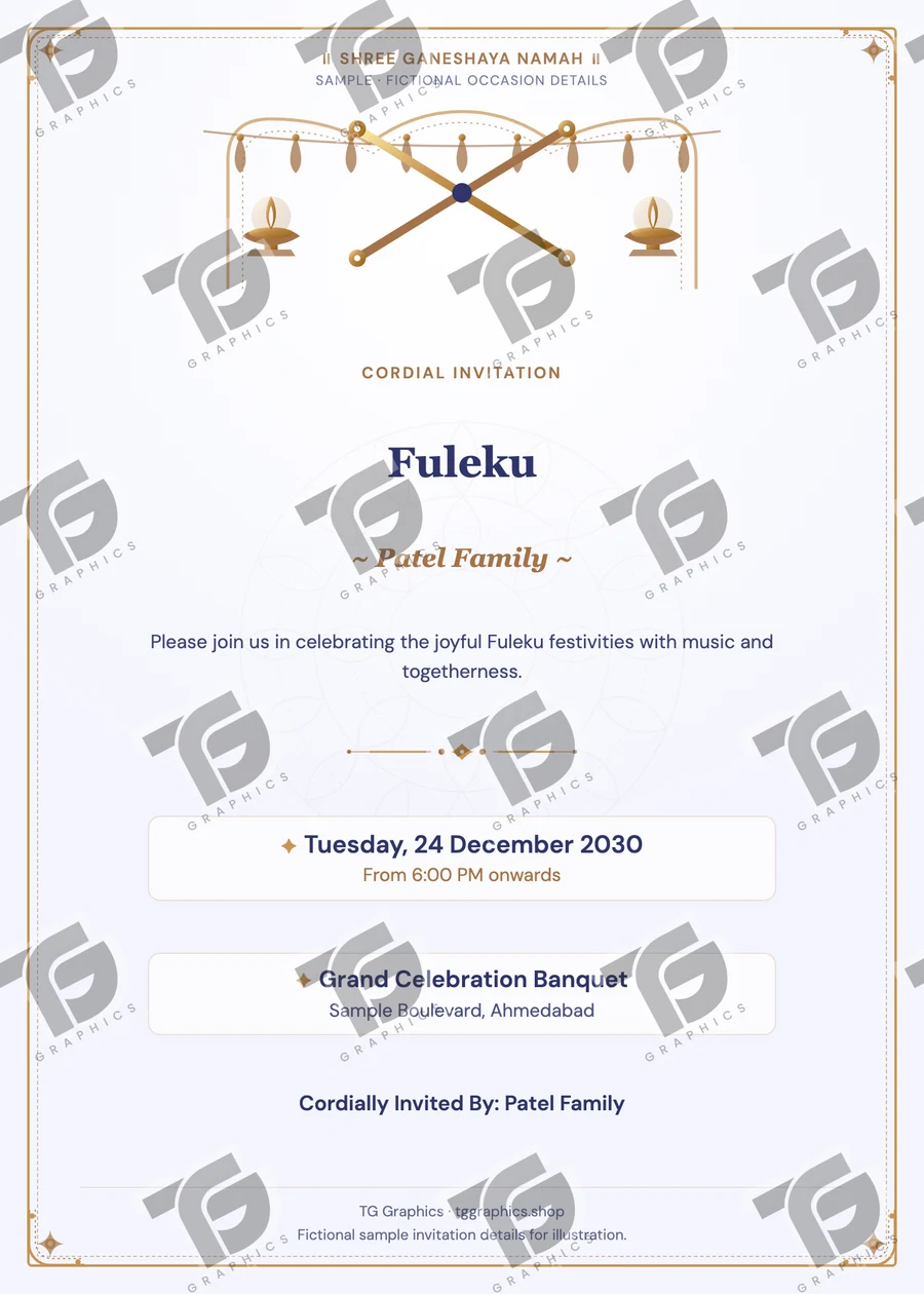 Fuleku Gujarati sample invitation with fictional details