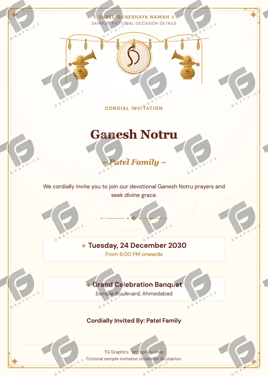 Ganesh Notru Gujarati sample invitation with fictional details