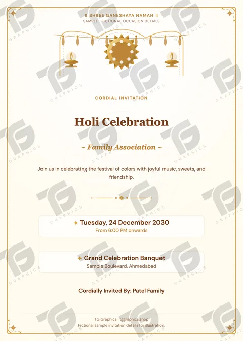 Holi Celebration Gujarati sample invitation with fictional details