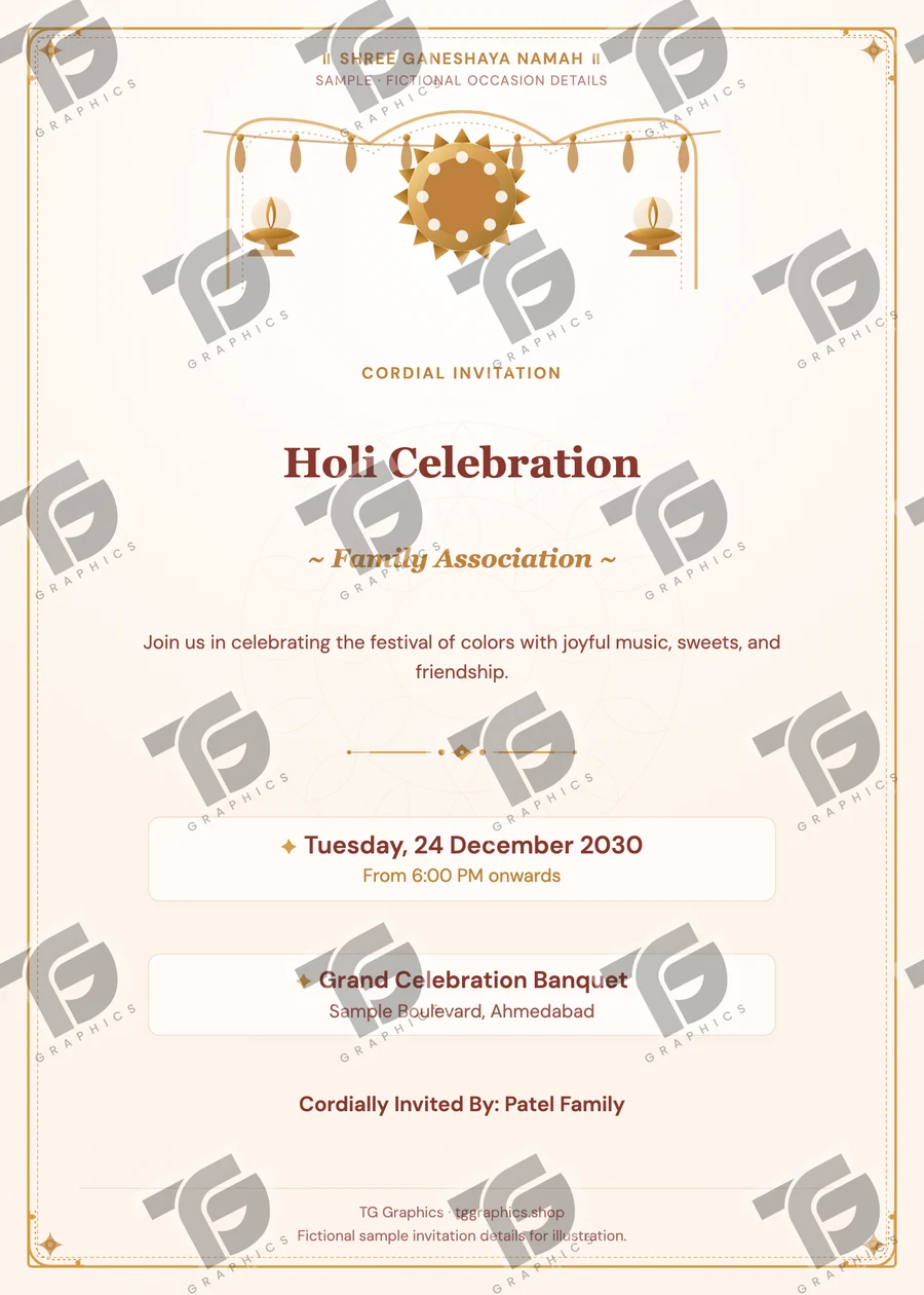 Holi Celebration Gujarati sample invitation with fictional details