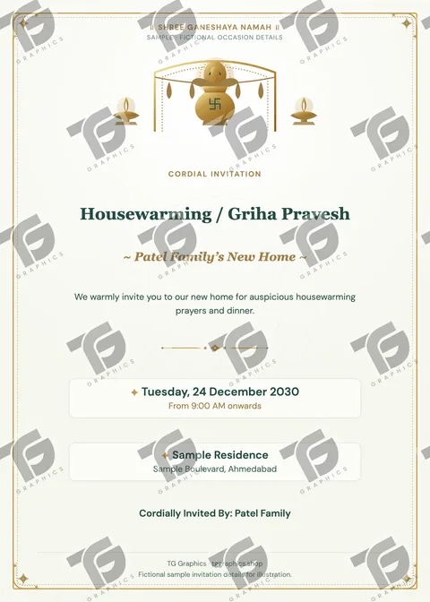 Housewarming / Griha Pravesh Gujarati sample invitation with fictional details