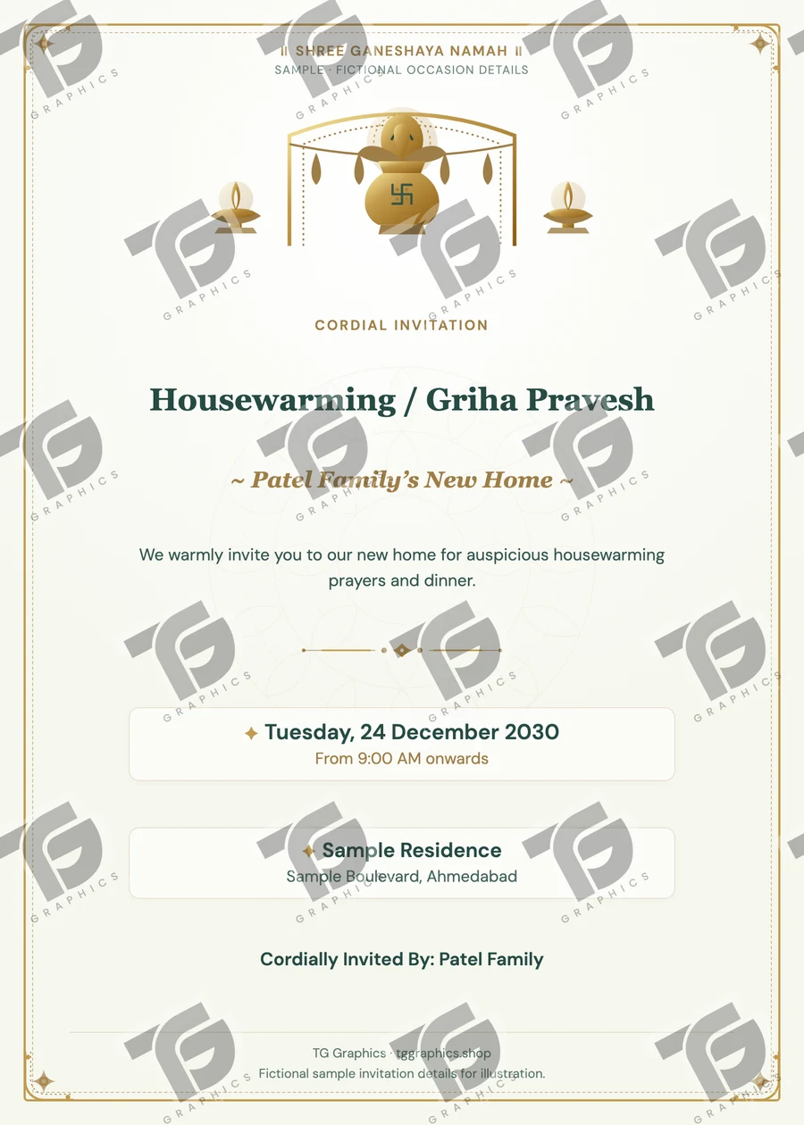 Housewarming / Griha Pravesh Gujarati sample invitation with fictional details