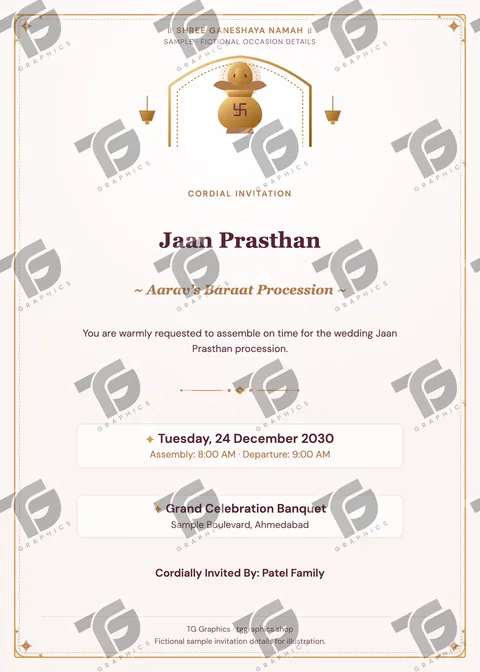 Jaan Prasthan Gujarati sample invitation with fictional details