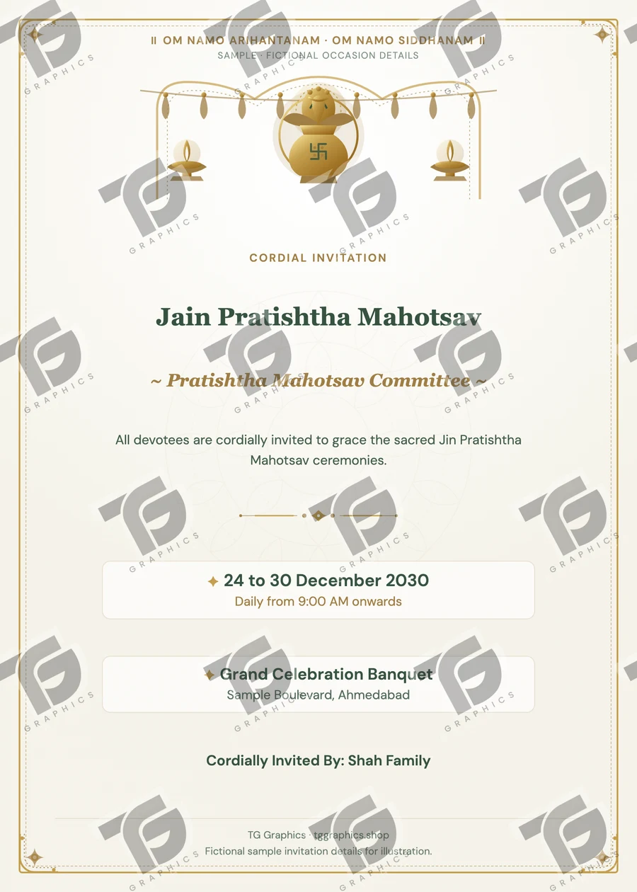 Jain Pratishtha Mahotsav Gujarati sample invitation with fictional details