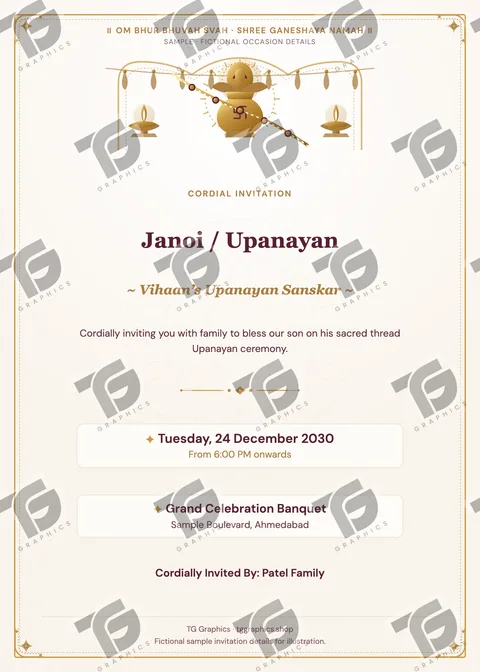 Janoi / Upanayan Gujarati sample invitation with fictional details