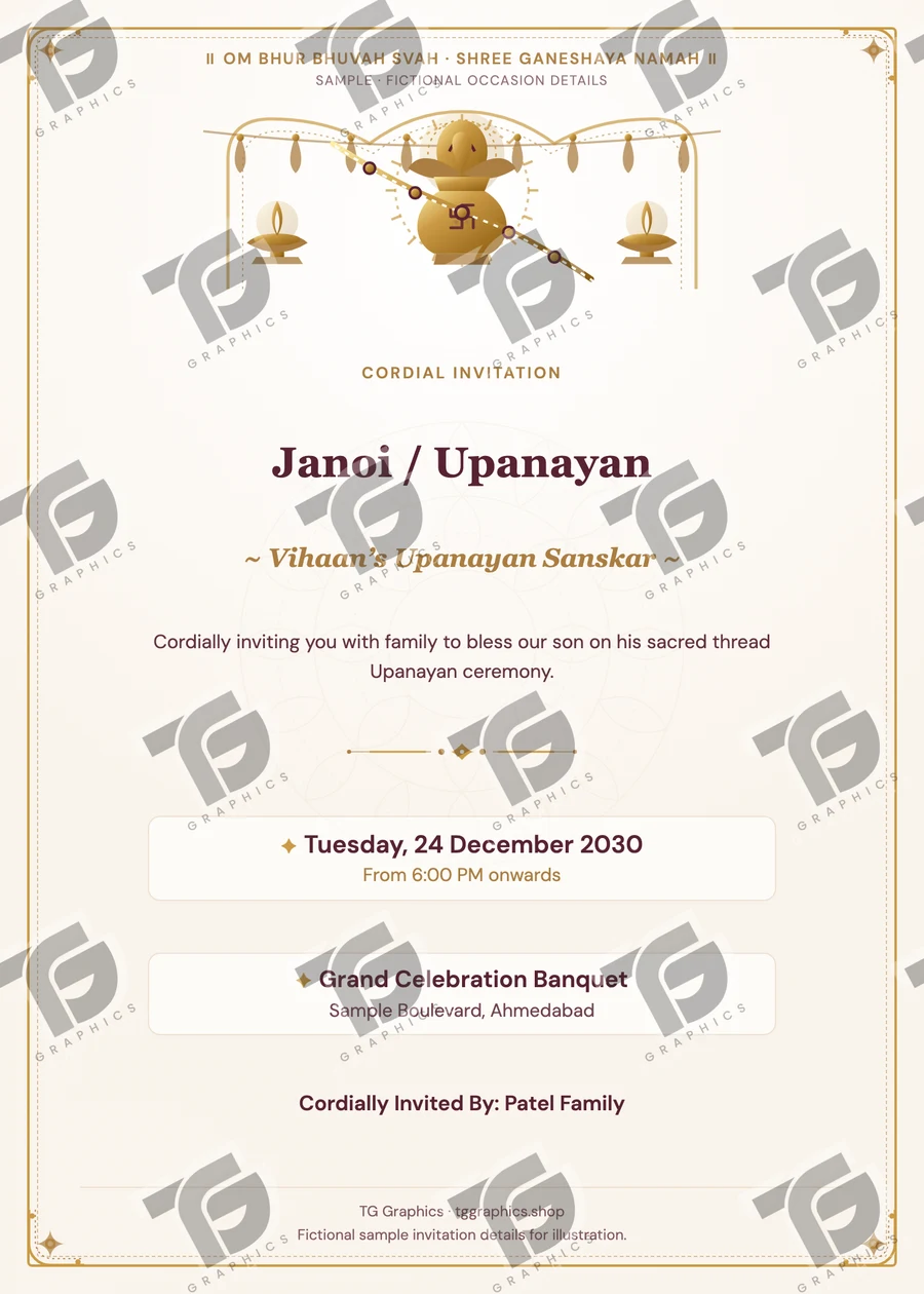 Janoi / Upanayan Gujarati sample invitation with fictional details