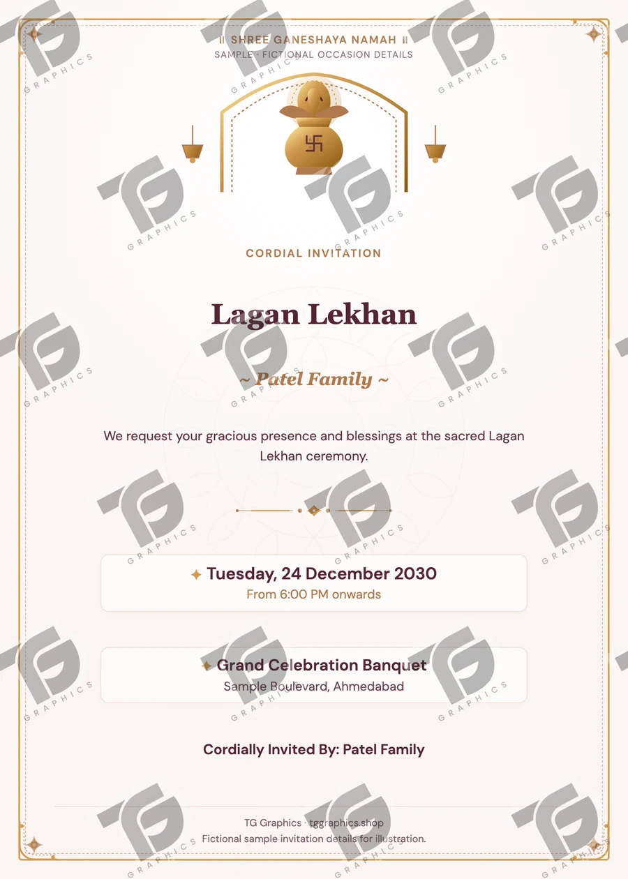 Lagan Lekhan Gujarati sample invitation with fictional details