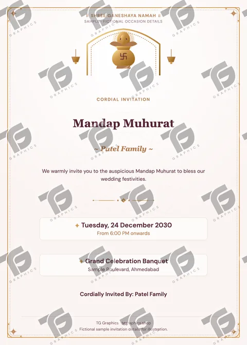Mandap Muhurat Gujarati sample invitation with fictional details