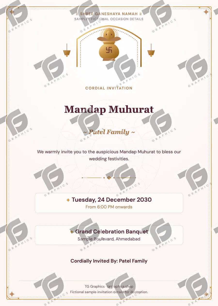 Mandap Muhurat Gujarati sample invitation with fictional details