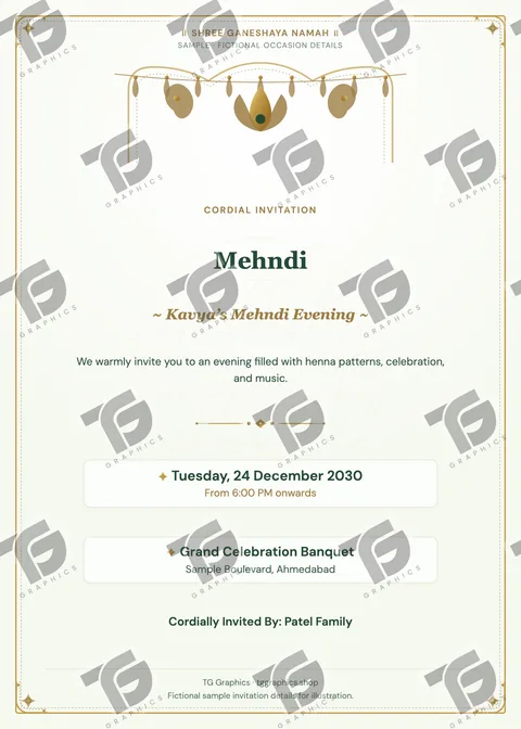 Mehndi Gujarati sample invitation with fictional details