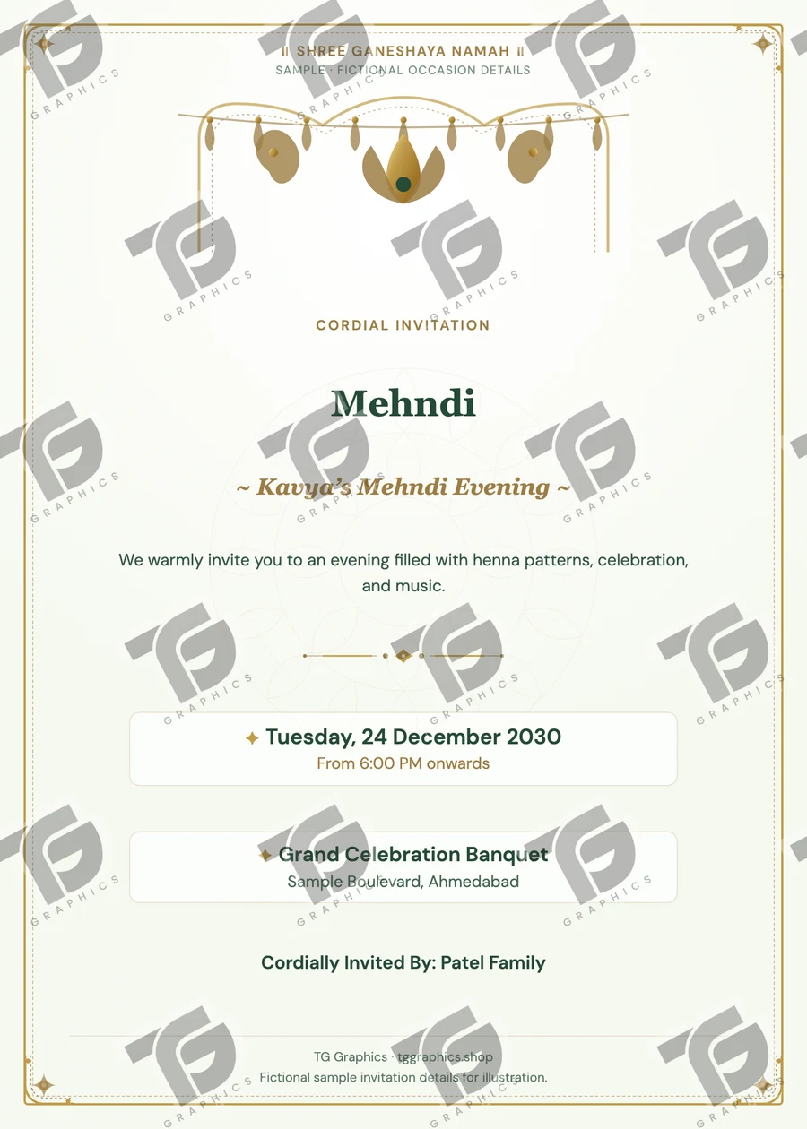 Mehndi Gujarati sample invitation with fictional details