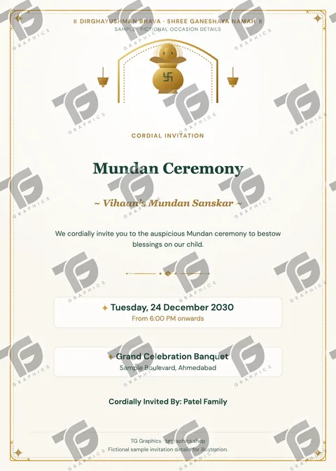 Mundan Ceremony Gujarati sample invitation with fictional details