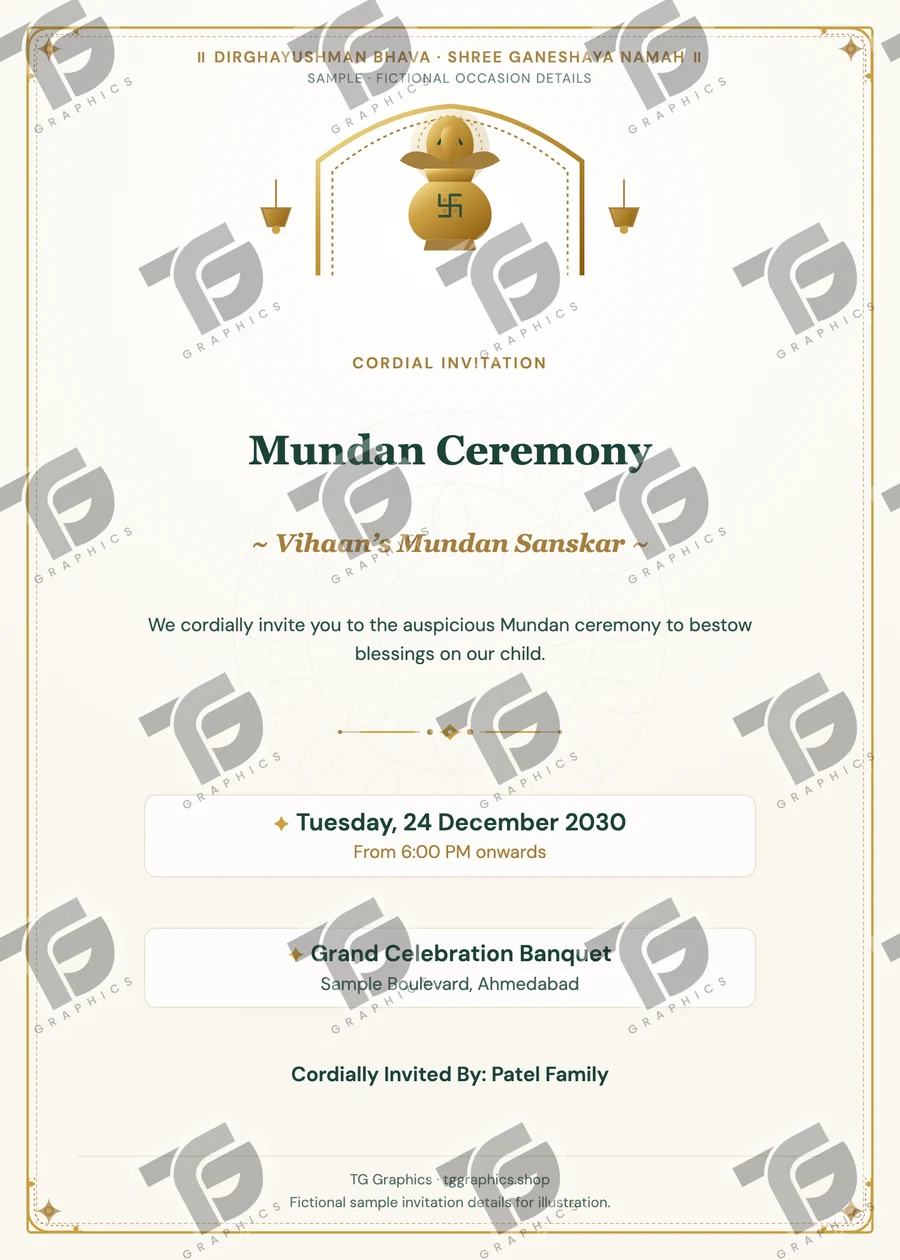 Mundan Ceremony Gujarati sample invitation with fictional details