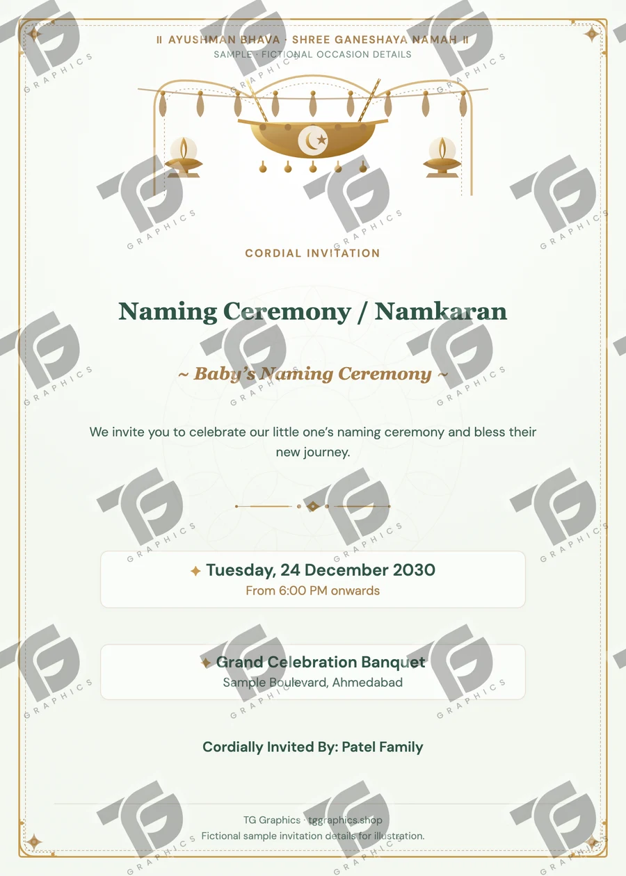 Naming Ceremony / Namkaran Gujarati sample invitation with fictional details