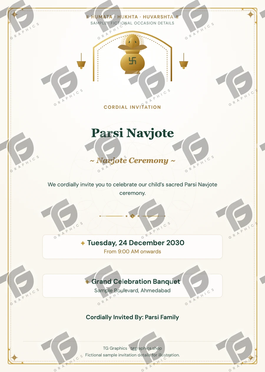 Parsi Navjote Gujarati sample invitation with fictional details