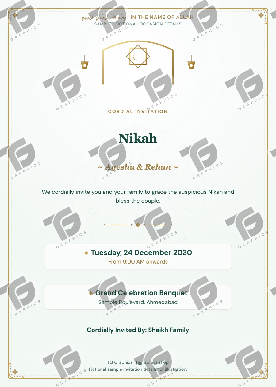 Nikah Gujarati sample invitation with fictional details