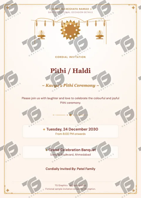 Pithi / Haldi Gujarati sample invitation with fictional details