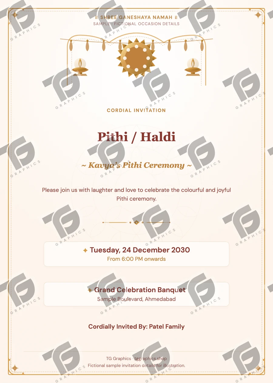 Pithi / Haldi Gujarati sample invitation with fictional details