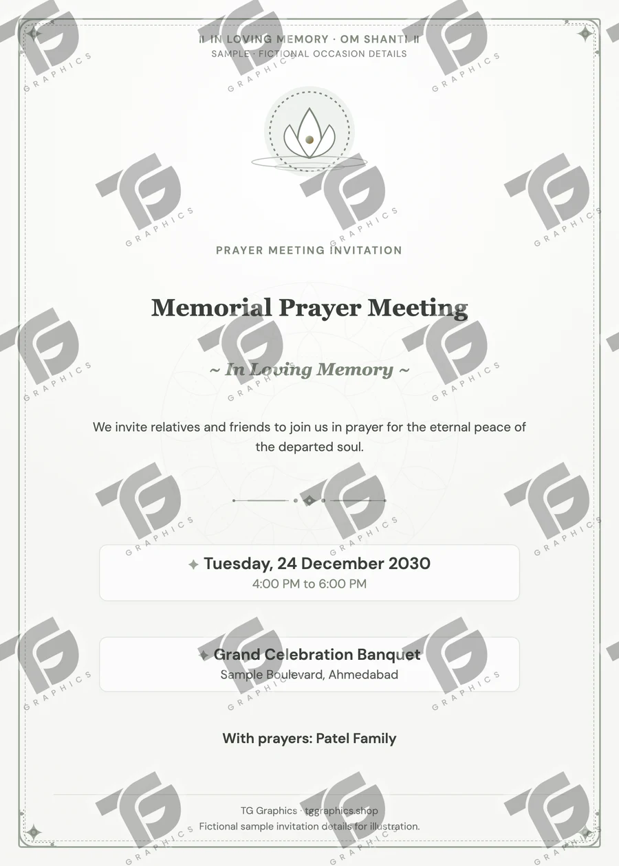 Memorial Prayer Meeting Gujarati sample invitation with fictional details