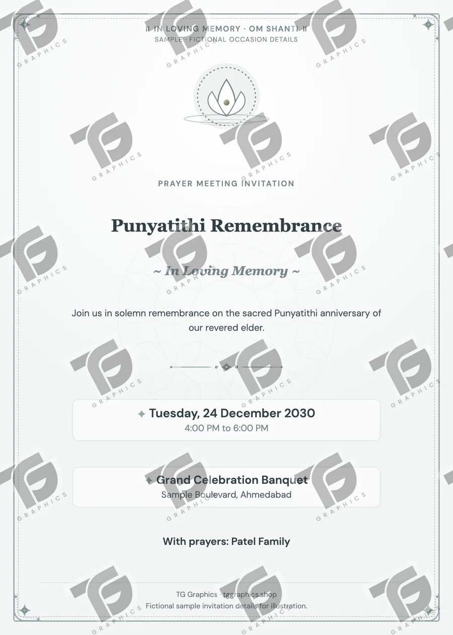 Punyatithi Remembrance Gujarati sample invitation with fictional details