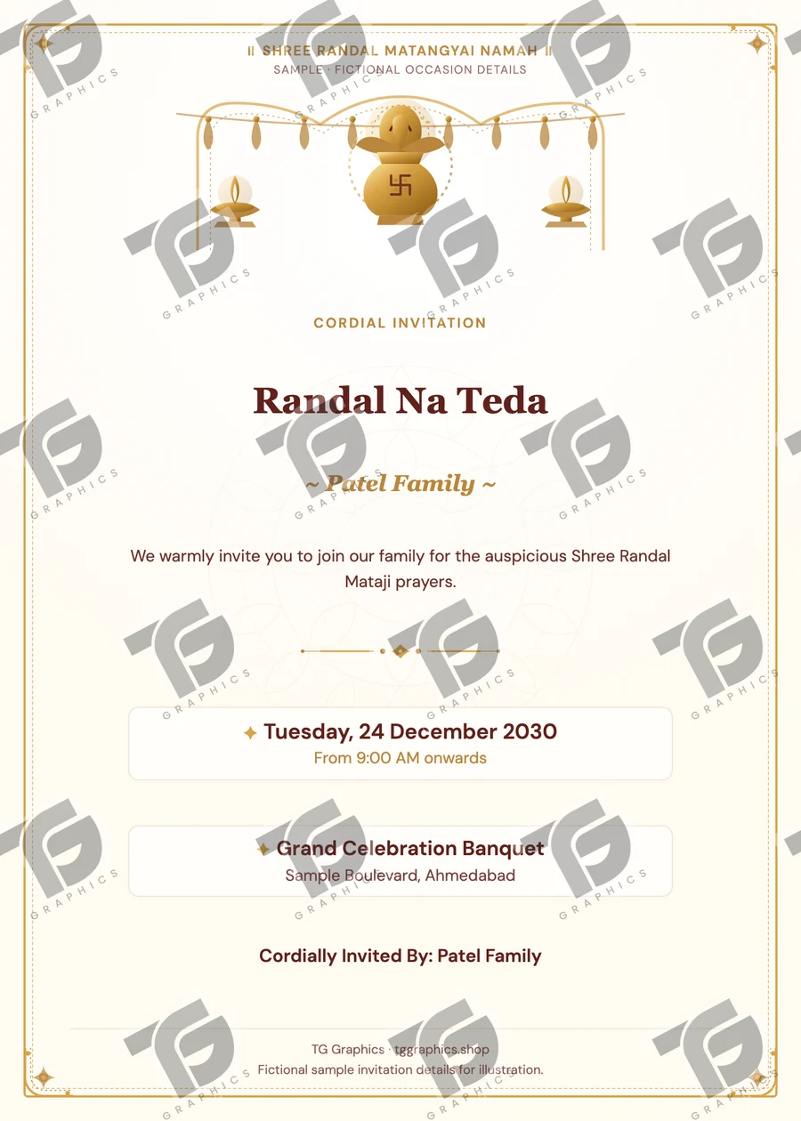 Randal Na Teda Gujarati sample invitation with fictional details