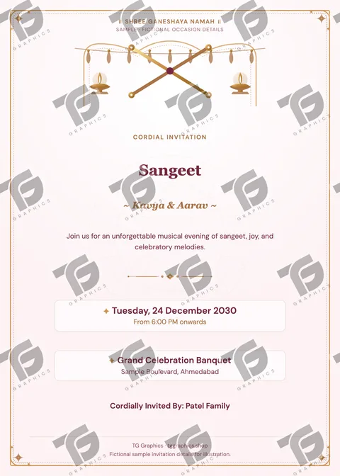 Sangeet Gujarati sample invitation with fictional details