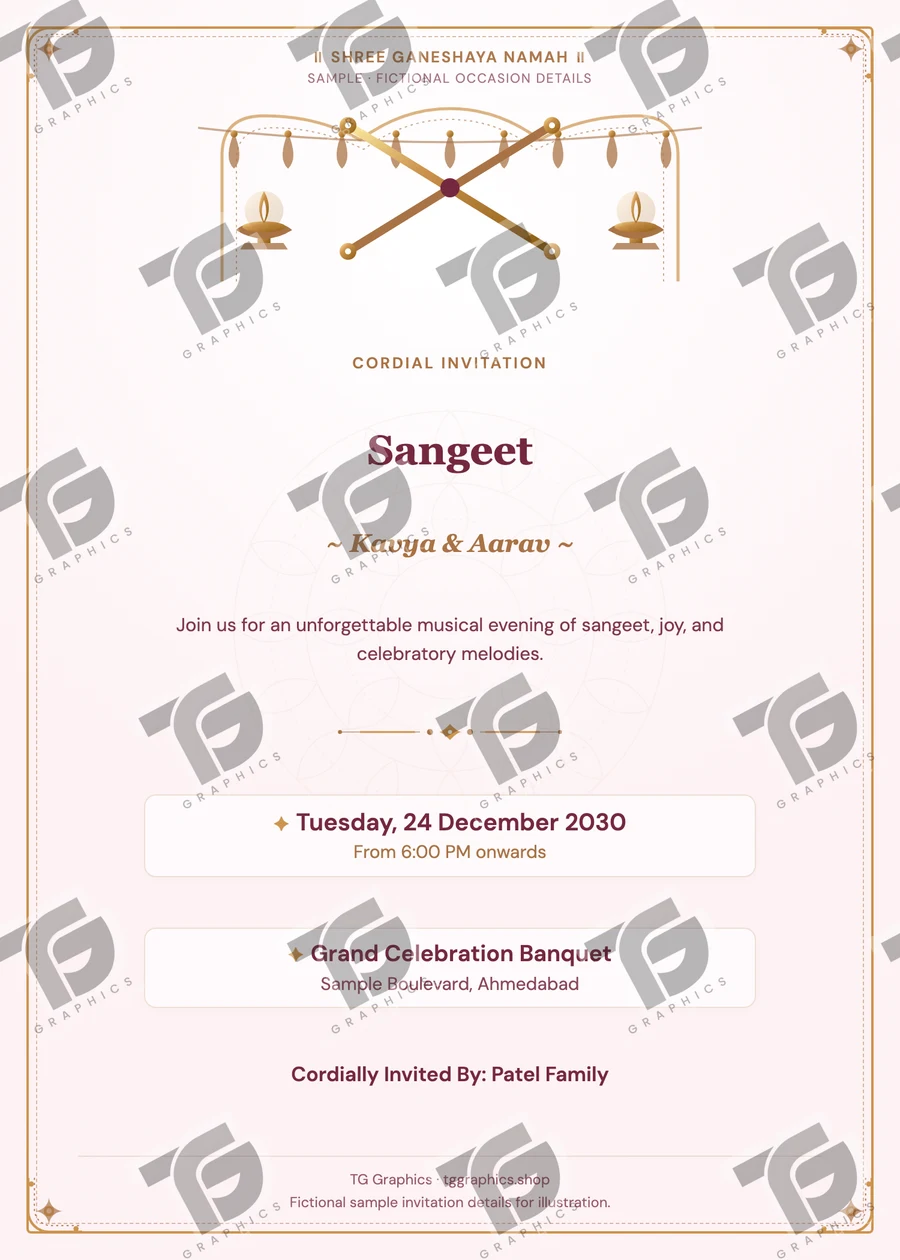 Sangeet Gujarati sample invitation with fictional details