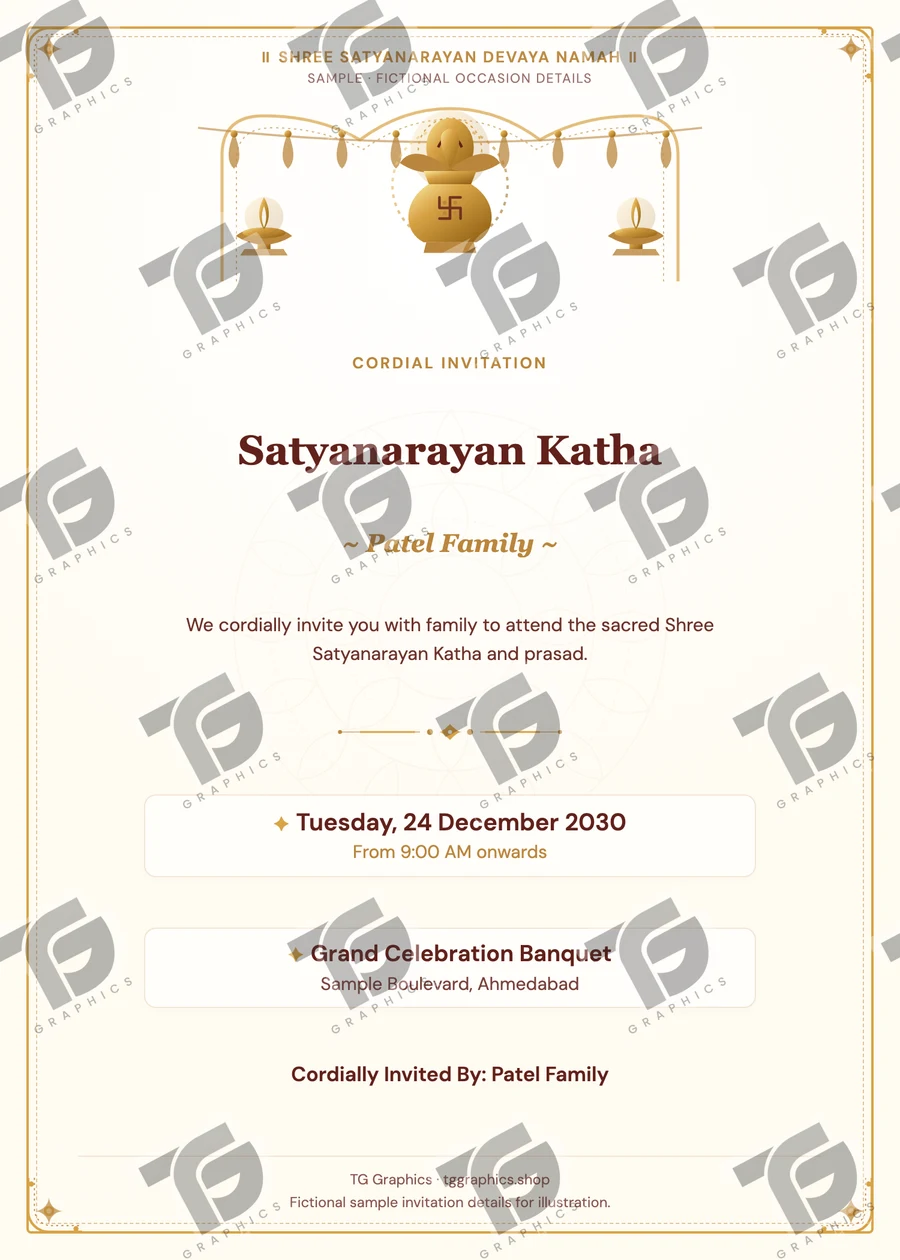Satyanarayan Katha Gujarati sample invitation with fictional details