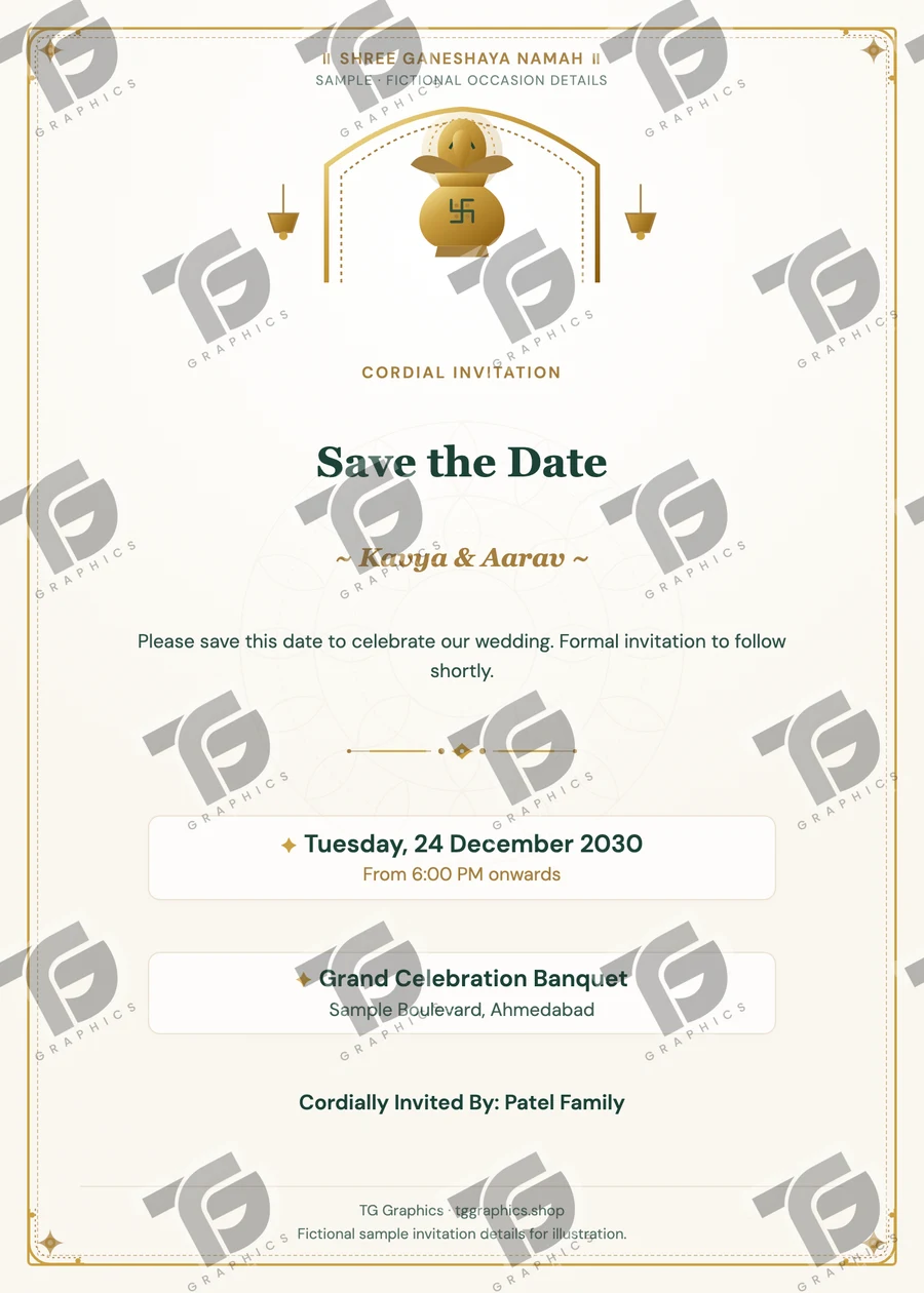 Save the Date Gujarati sample invitation with fictional details
