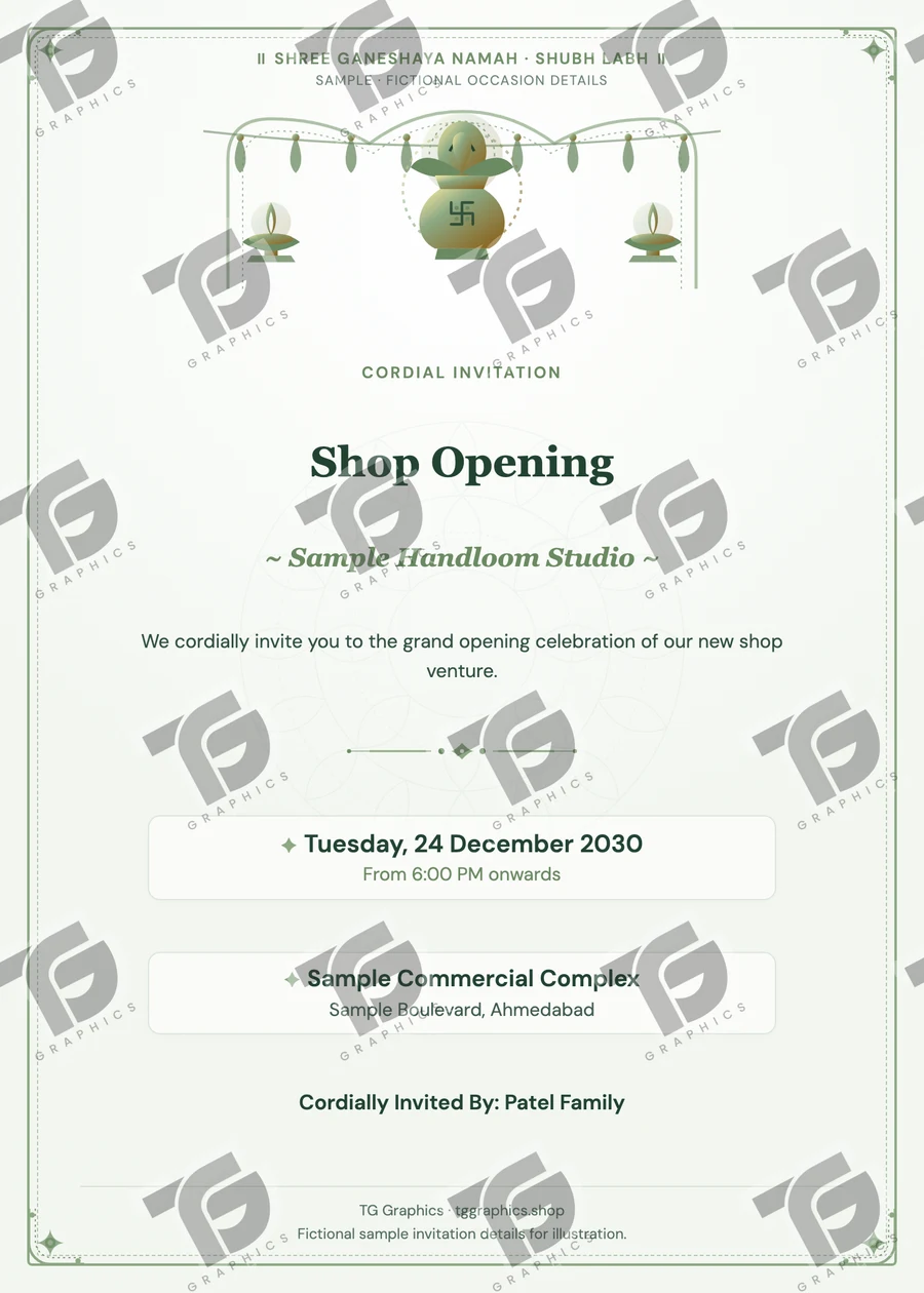 Shop Opening Gujarati sample invitation with fictional details
