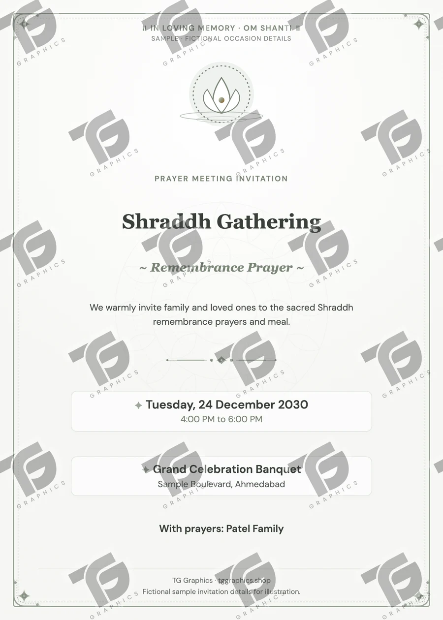 Shraddh Gathering Gujarati sample invitation with fictional details