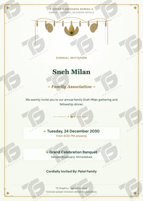 Sneh Milan Gujarati sample invitation with fictional details
