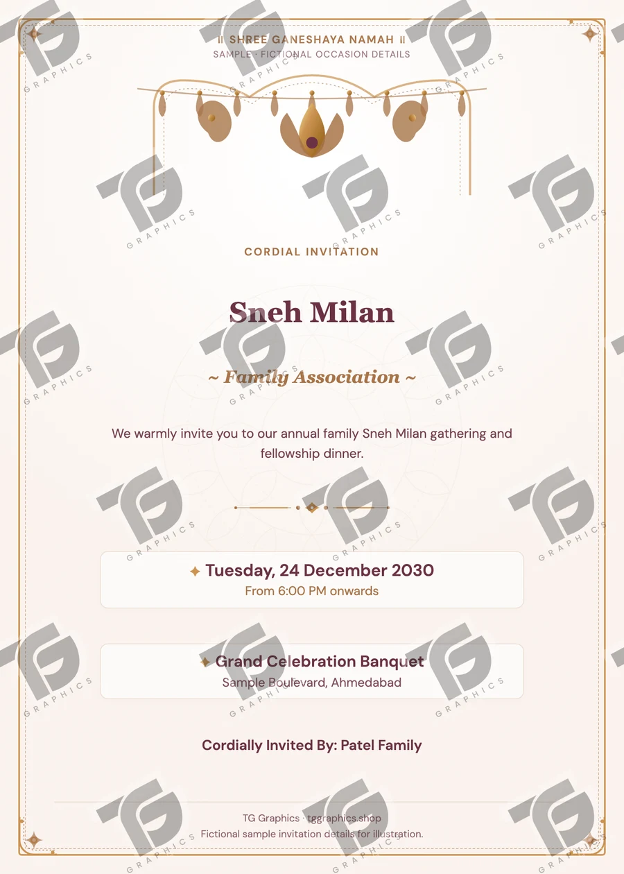Sneh Milan Gujarati sample invitation with fictional details