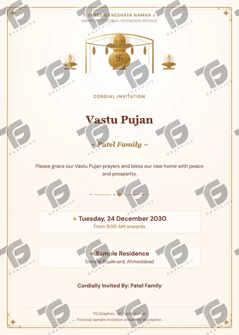 Vastu Pujan Gujarati sample invitation with fictional details