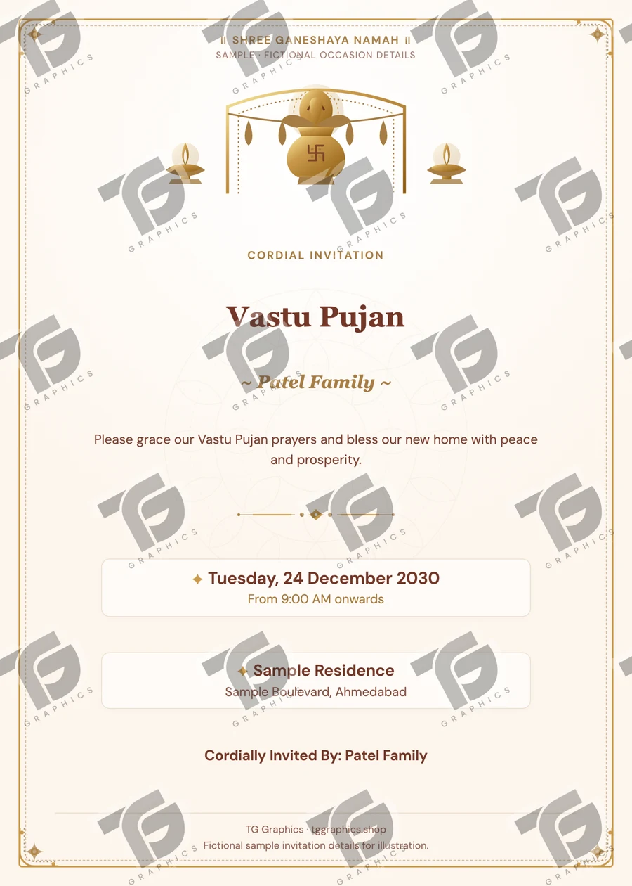 Vastu Pujan Gujarati sample invitation with fictional details