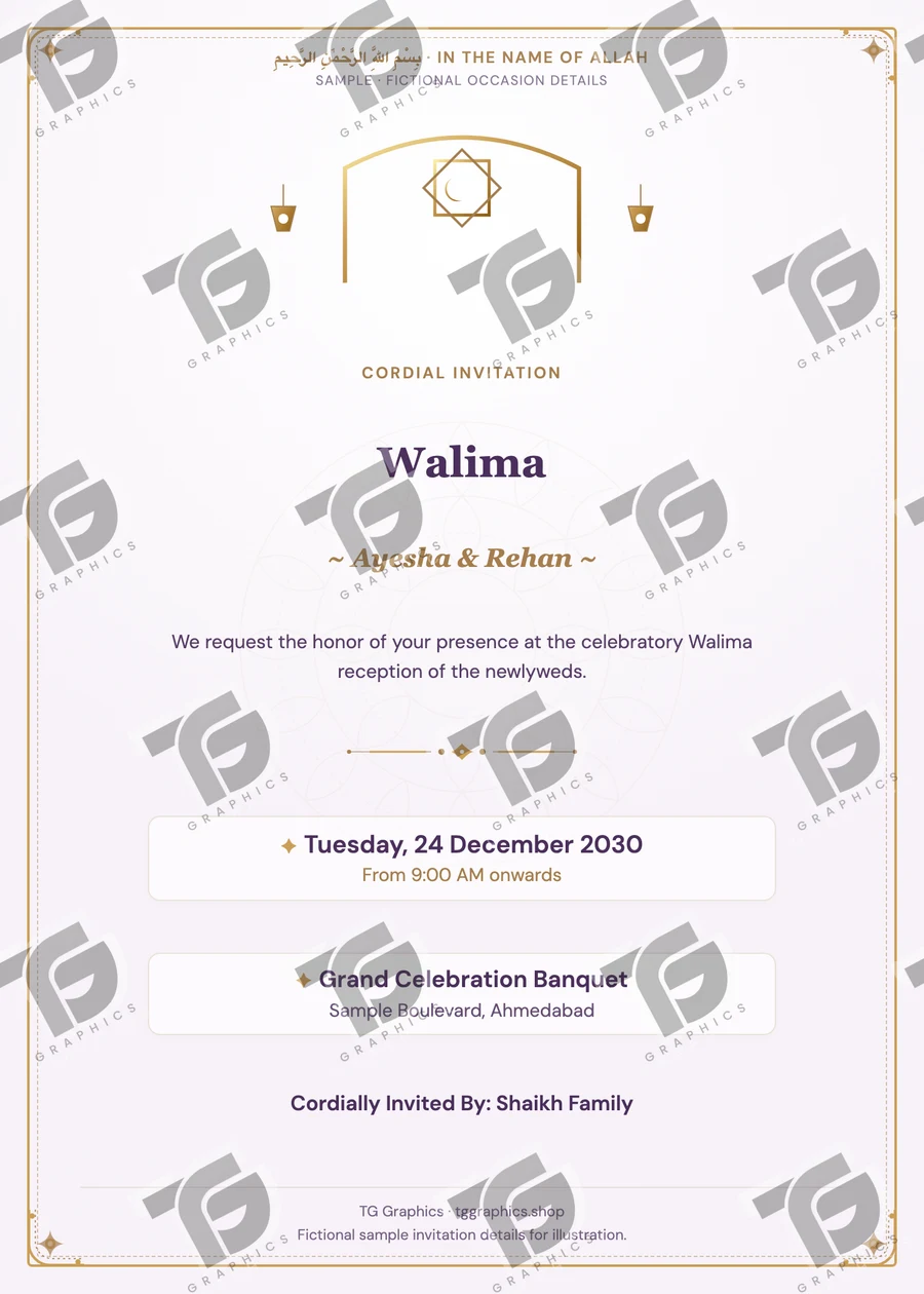 Walima Gujarati sample invitation with fictional details