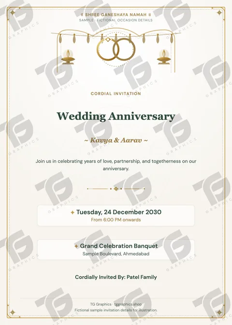 Wedding Anniversary Gujarati sample invitation with fictional details