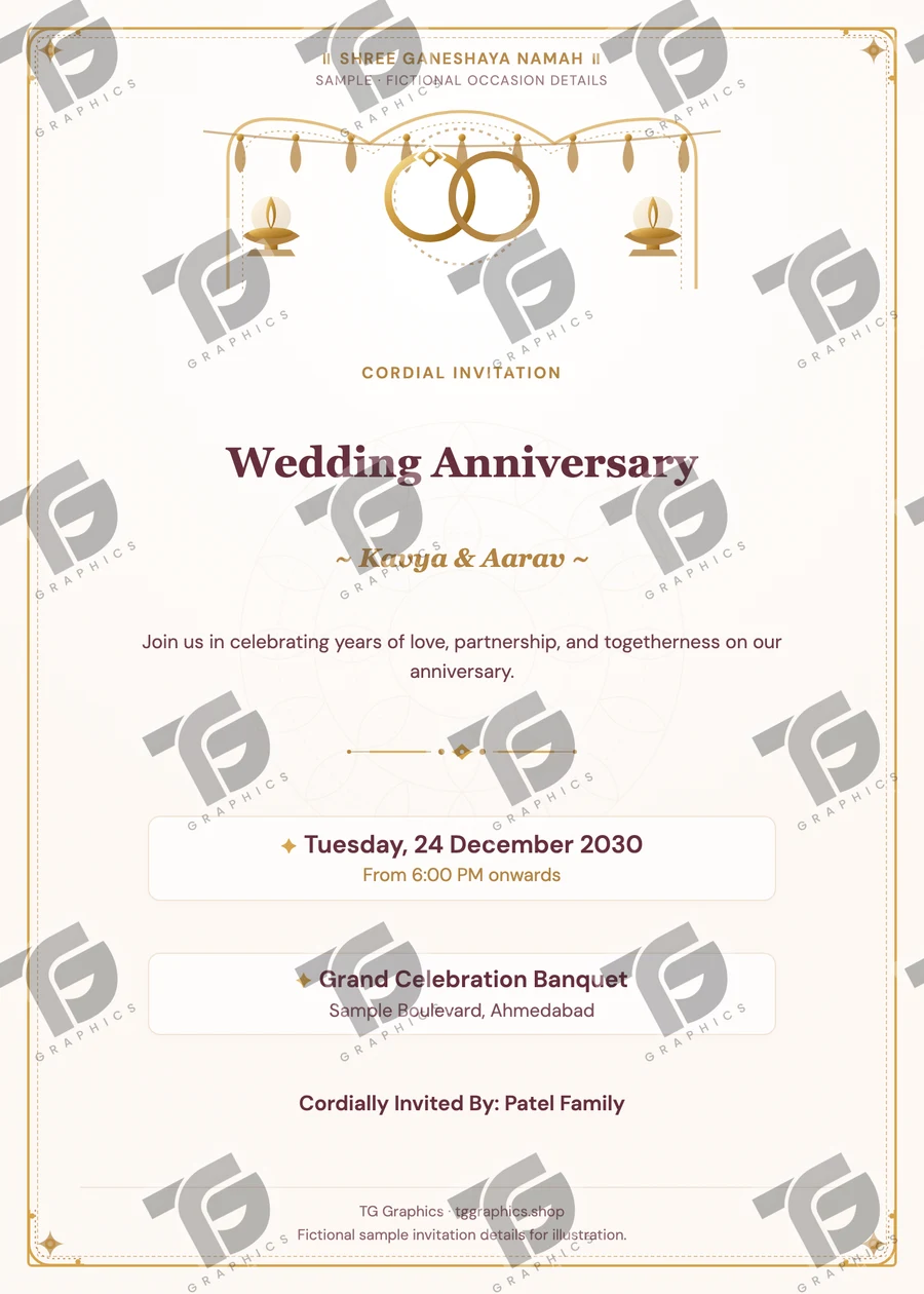 Wedding Anniversary Gujarati sample invitation with fictional details