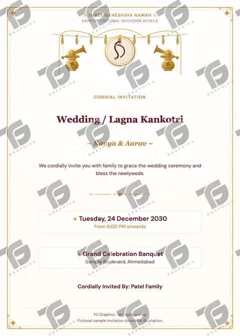 Wedding / Lagna Kankotri Gujarati sample invitation with fictional details