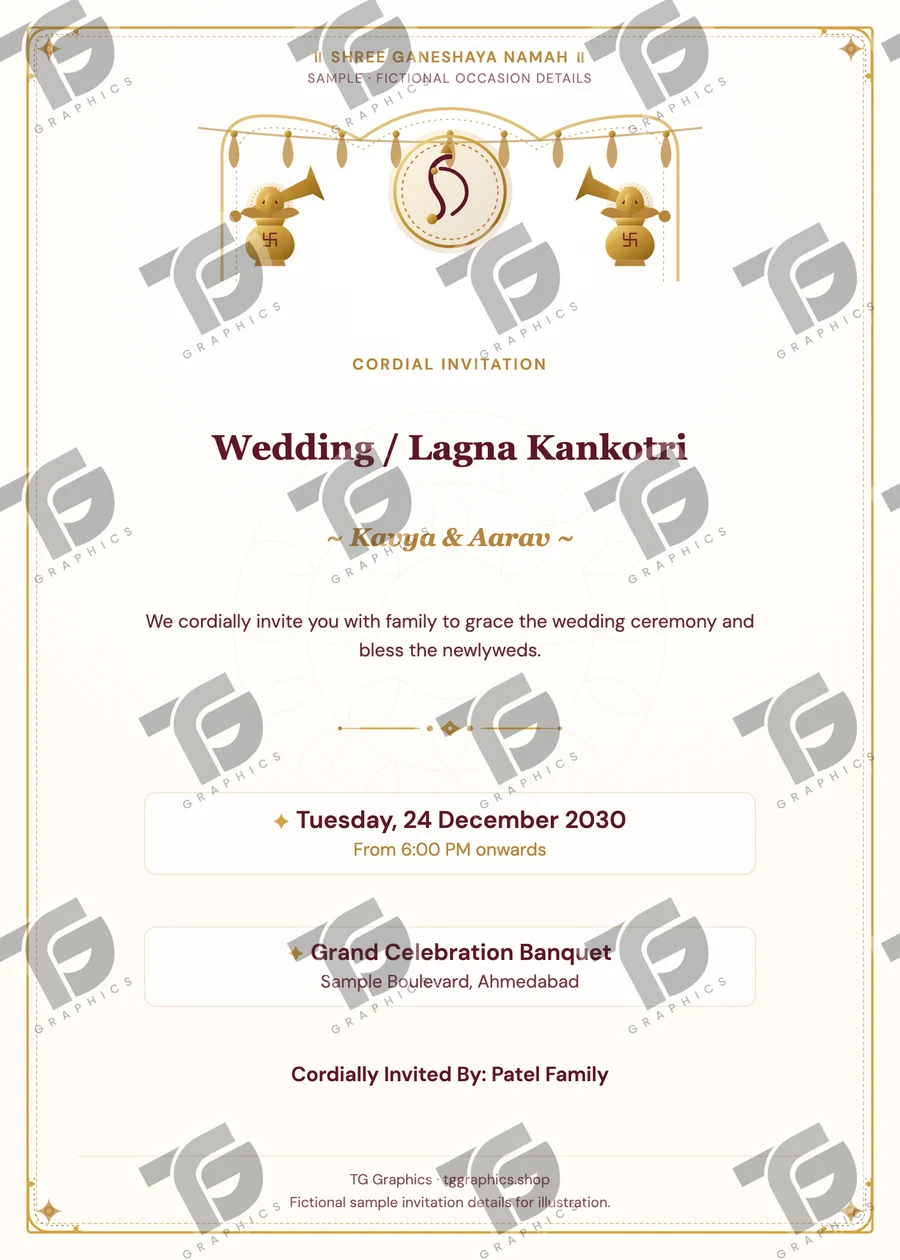 Wedding / Lagna Kankotri Gujarati sample invitation with fictional details